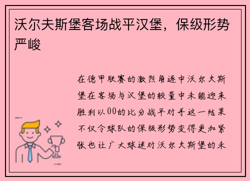 沃尔夫斯堡客场战平汉堡，保级形势严峻